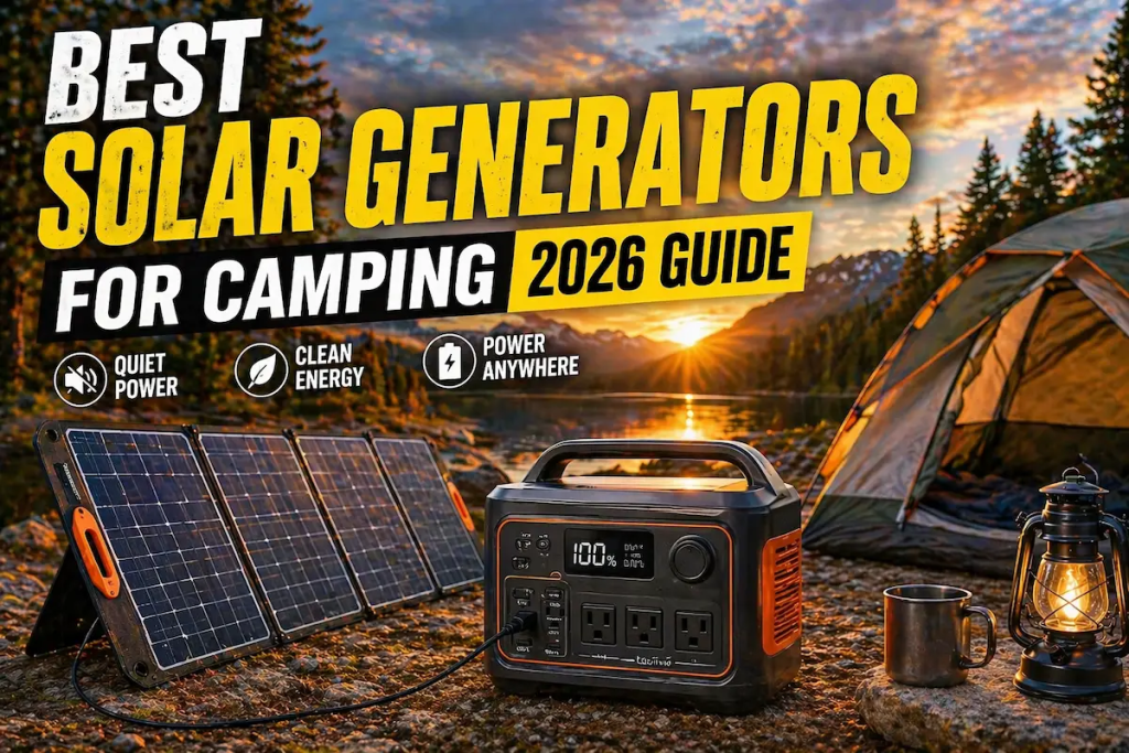 best solar generator for camping with solar panels setup at campsite
