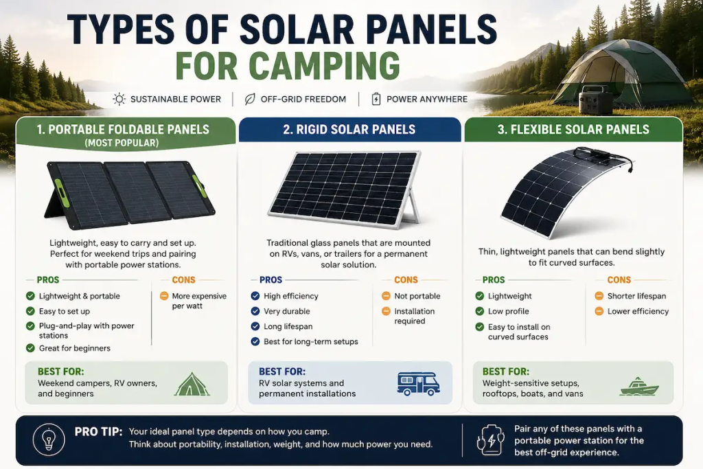 Comparison infographic showing foldable, rigid, and flexible solar panels for camping and RV use