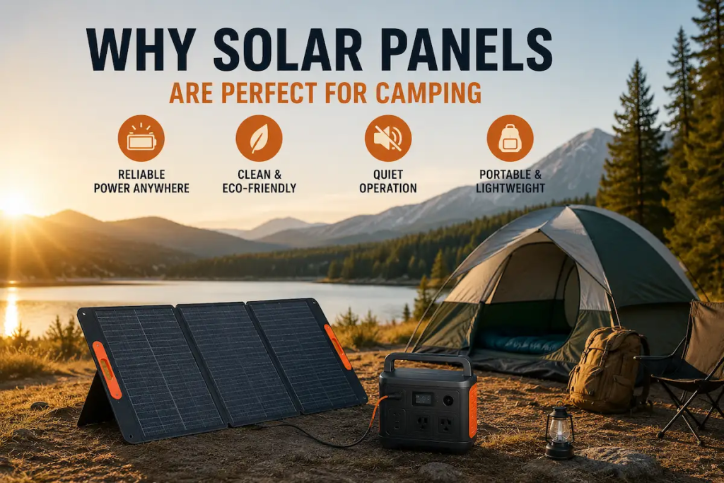 Portable solar panels and power station powering a lakeside campsite at sunset
