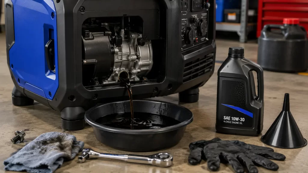 Portable inverter generator draining dark break-in oil into a collection pan during the first scheduled oil change after the engine break-in period.
