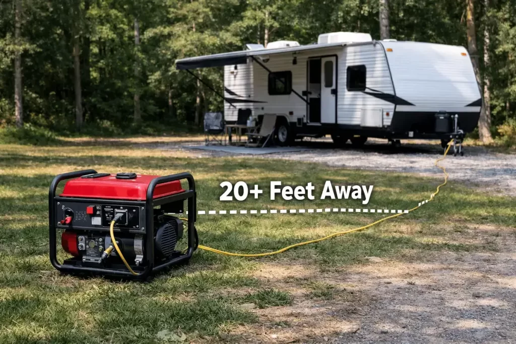 generator placed safely 20 feet away from travel trailer campsite