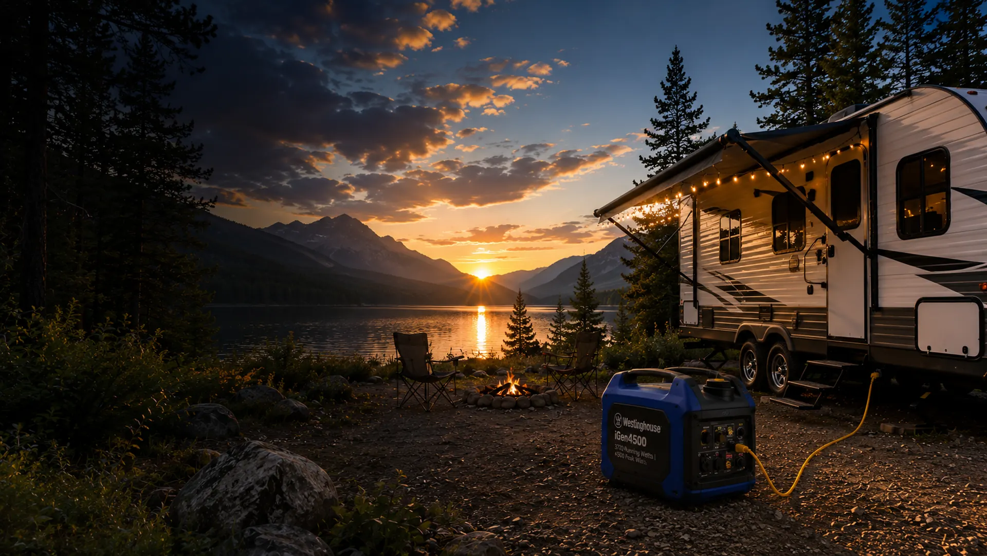 Travel trailer parked beside a lake at sunset with a portable inverter generator powering the campsite