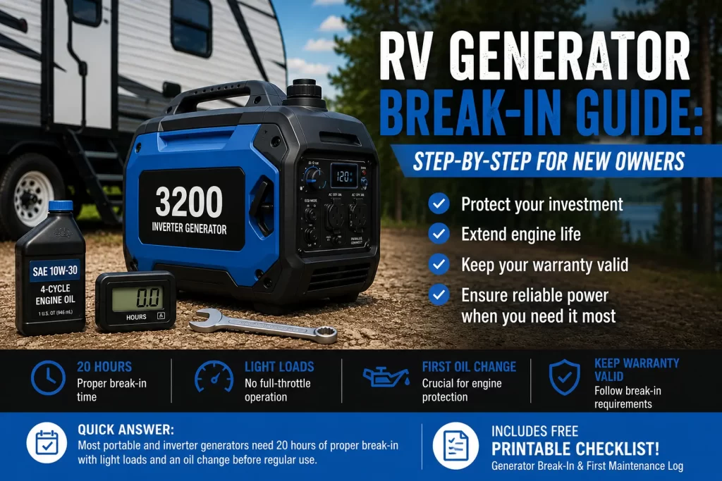Portable inverter generator with engine oil, an hour meter, and maintenance tools illustrating the proper break-in process for a new RV generator.
