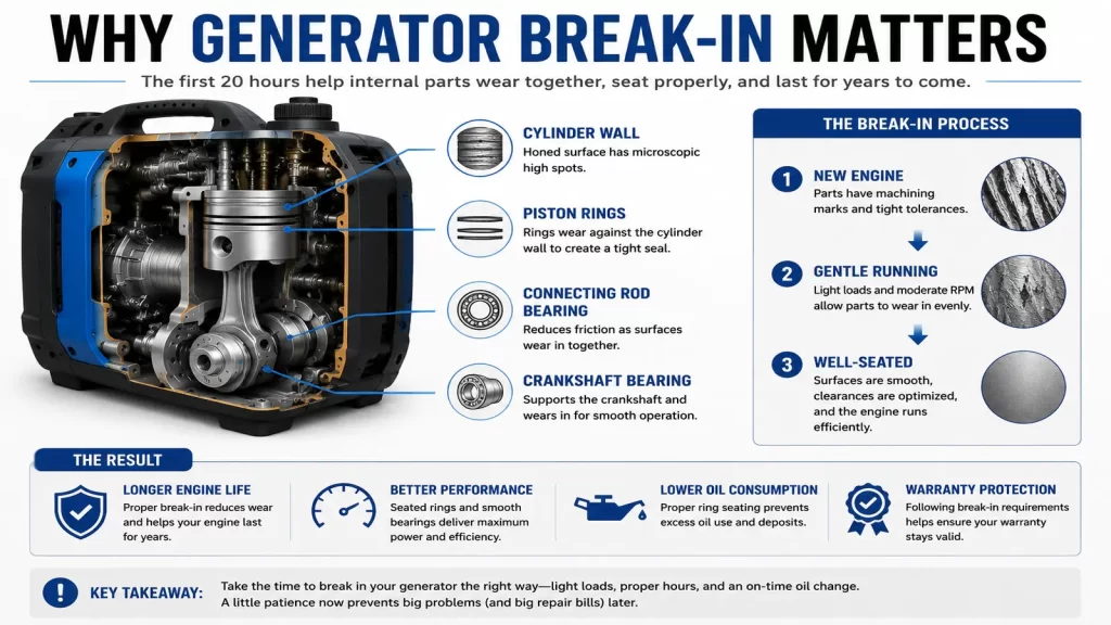 Cutaway illustration of a portable inverter generator engine showing the cylinder wall, piston rings, connecting rod bearing, and crankshaft bearing during the engine break-in process.