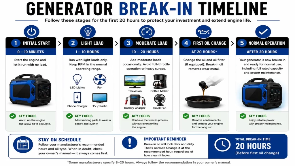 Timeline infographic illustrating the five stages of breaking in a portable RV generator, from the initial startup and light-load operation through the first oil change and normal operation after approximately 20 hours.