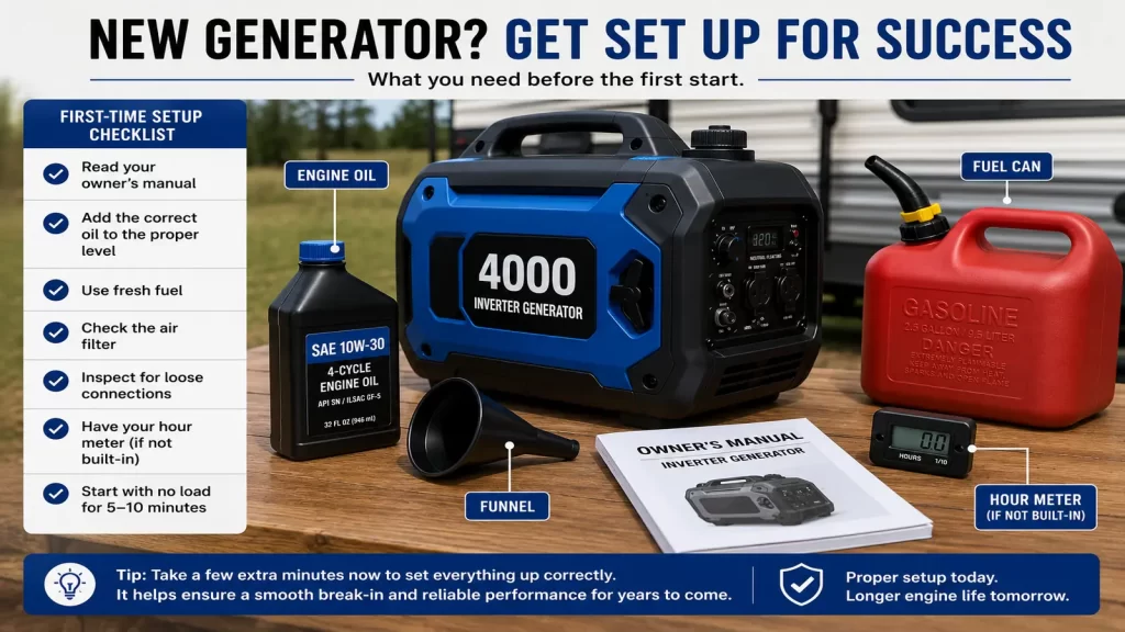 Portable inverter generator with engine oil, funnel, fuel can, owner’s manual, and hour meter arranged for first-time setup before breaking in a new RV generator.