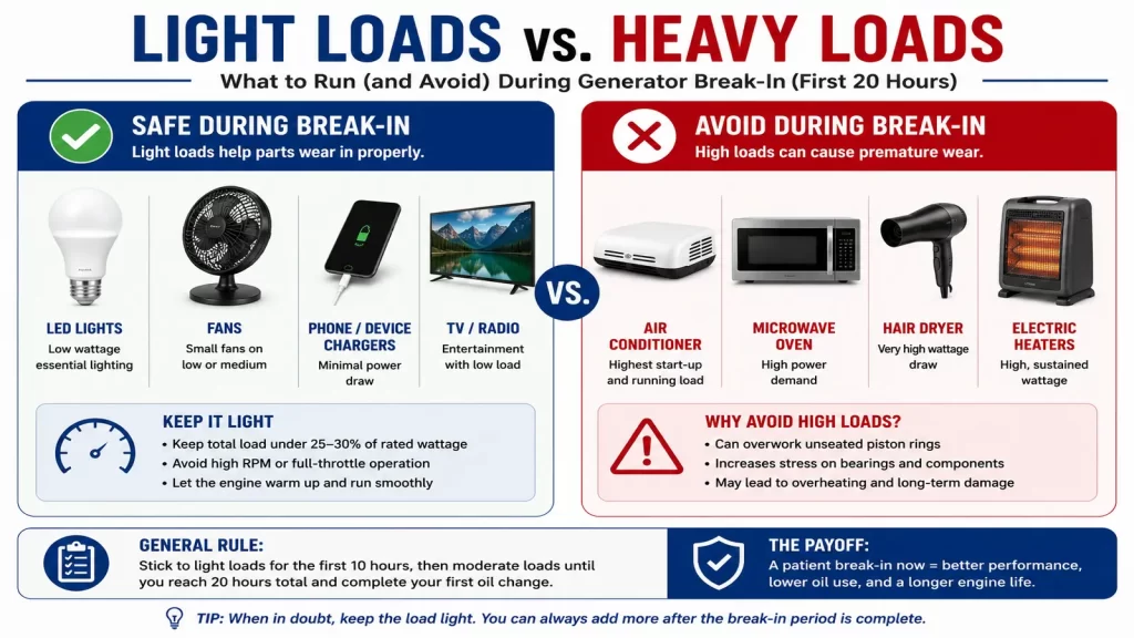 Comparison infographic showing low-power appliances that are safe to use during generator break-in versus high-wattage appliances that should be avoided until the break-in period is complete.