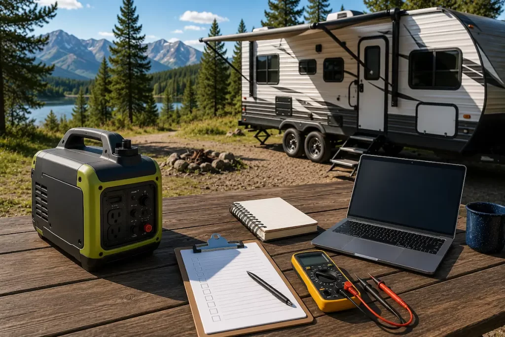 Travel trailer and portable generator with inspection tools representing Trailer Generator Guide's testing and review methodology.