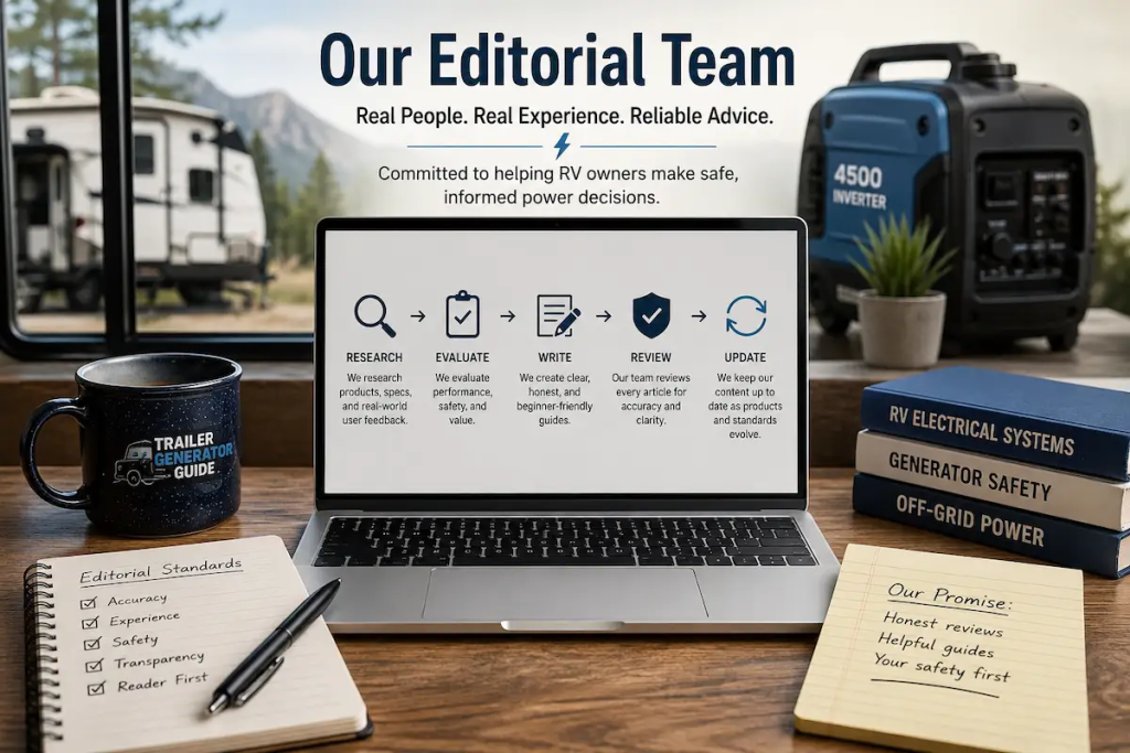 Travel trailer, portable generator, and outdoor campsite workspace representing the Trailer Generator Guide Editorial Team