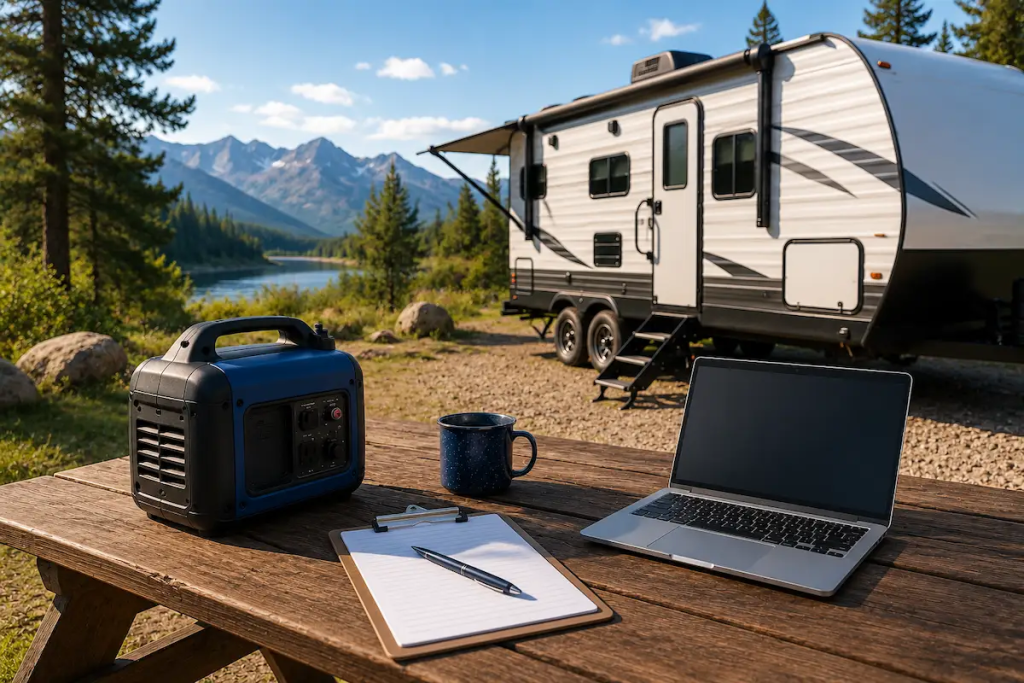 Travel trailer, portable generator, and editorial workspace representing the Trailer Generator Guide Editorial Policy.