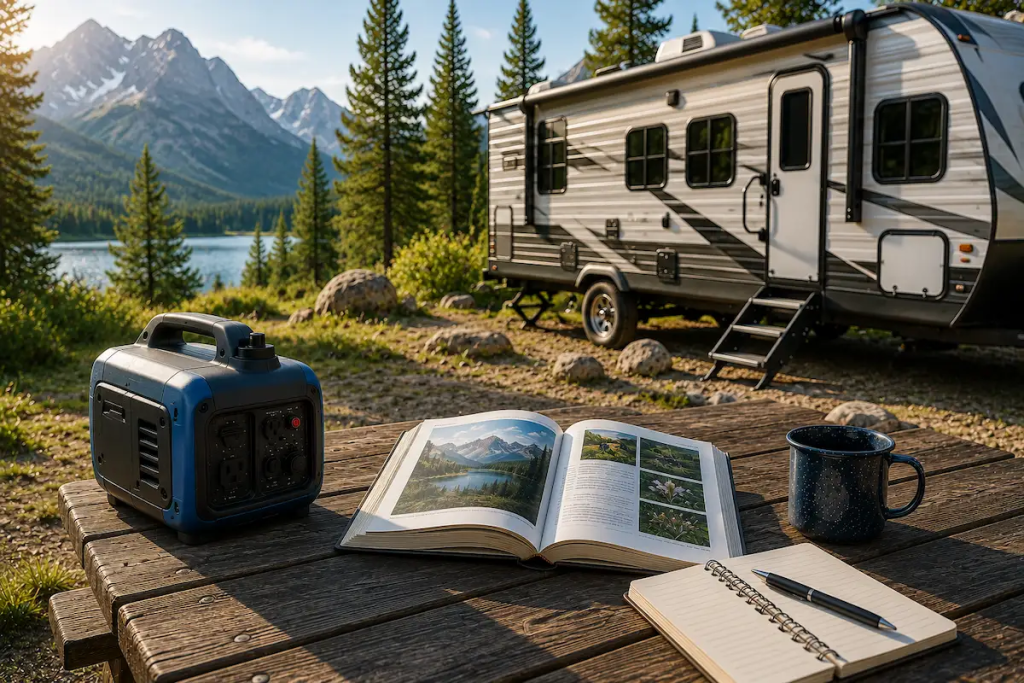 Travel trailer and portable generator at a peaceful campsite representing the trust and transparency behind Trailer Generator Guide.