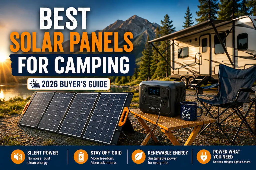 Foldable solar panels powering a portable power station at an RV campsite during sunrise