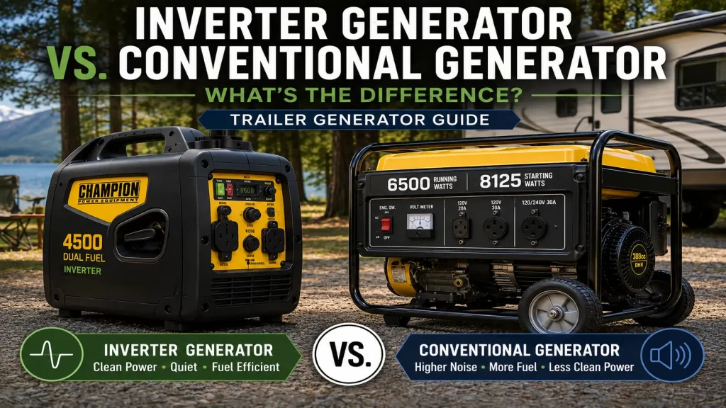 Side-by-side comparison of an inverter generator and a conventional generator, highlighting the differences in noise, clean power, fuel efficiency, and best uses for RV camping and home backup.