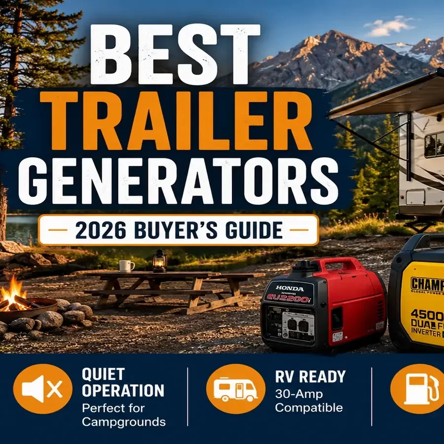 Portable inverter generator powering a travel trailer at a campground.