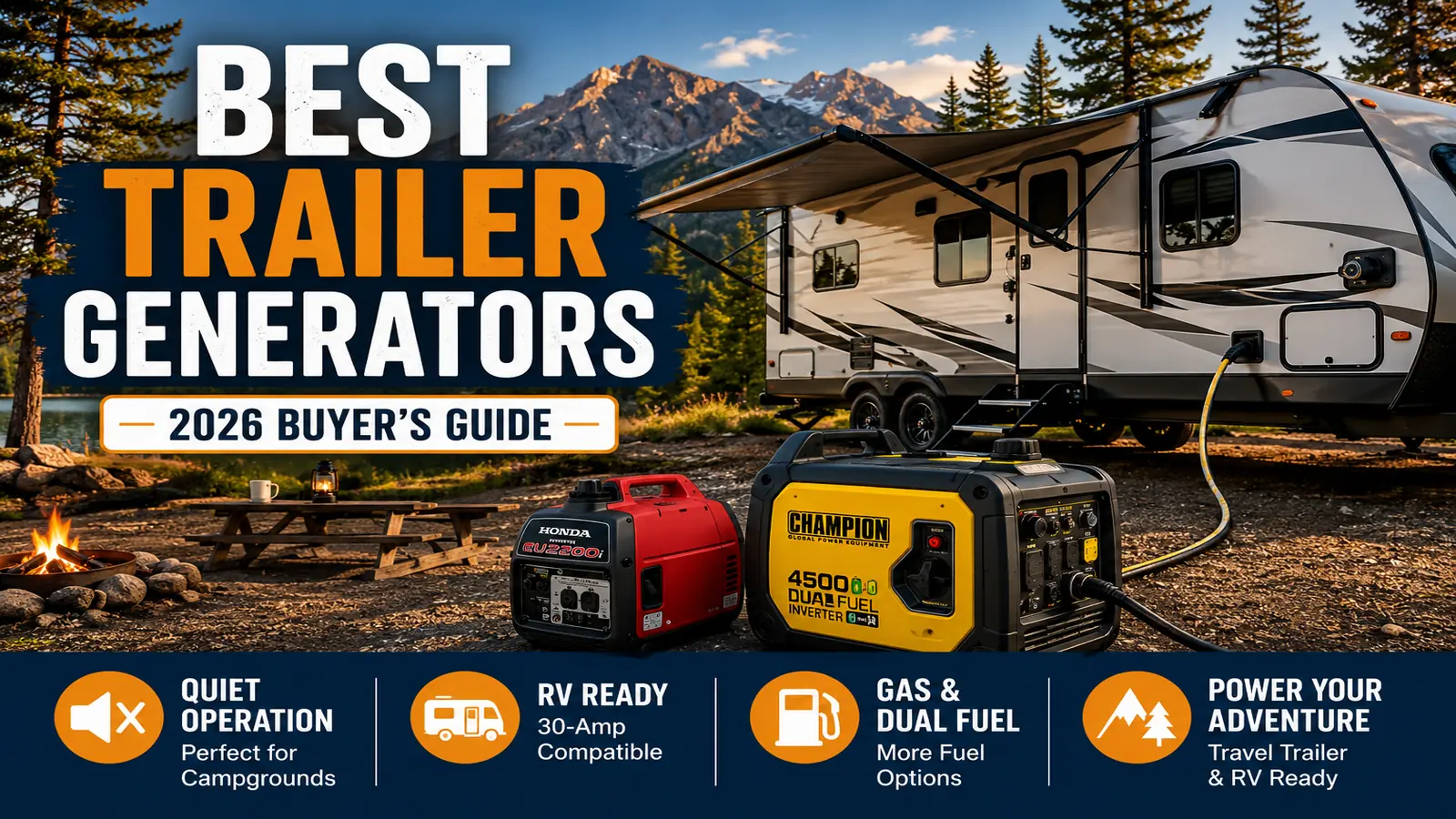 Portable inverter generator powering a travel trailer at a campground.