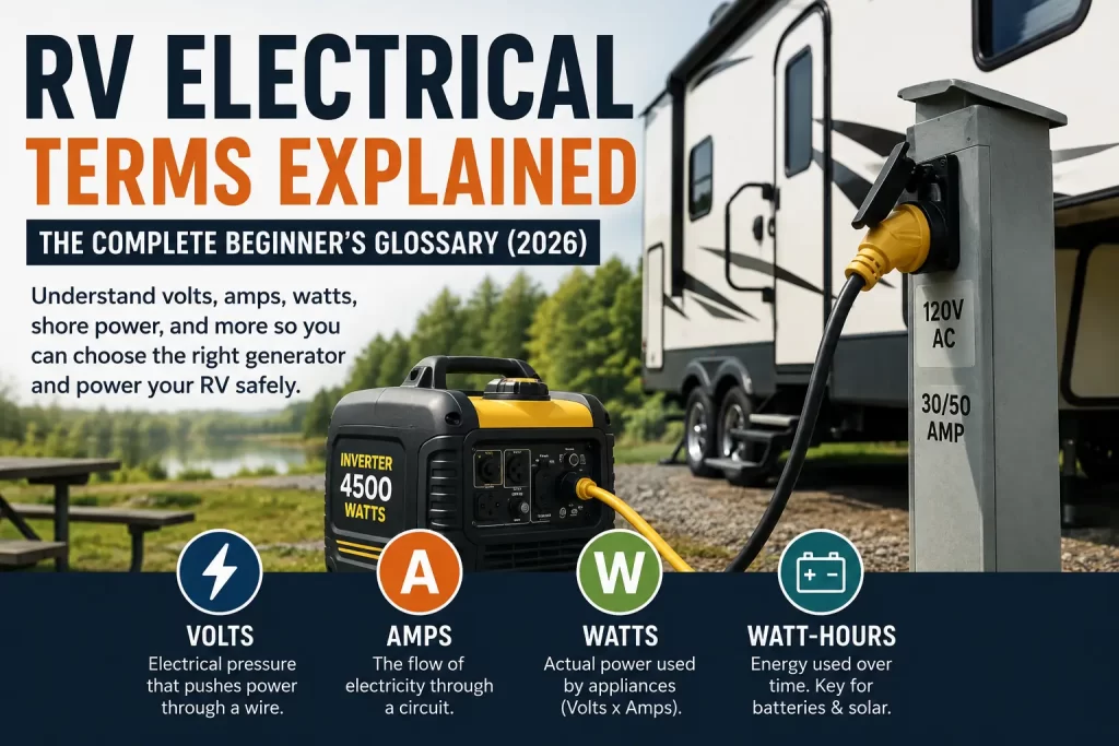 RV electrical terms explained with a travel trailer, portable inverter generator, and 120V AC campground power pedestal
